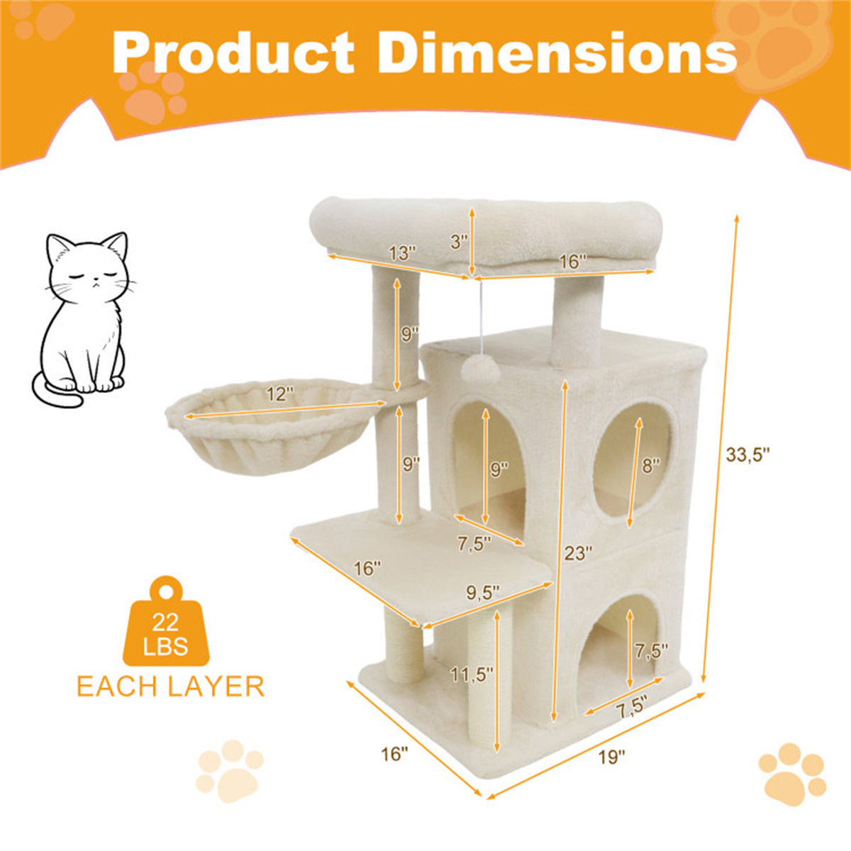 Beige 33.5" Multi-Level Cat Tree with 2-Tier Condo, Sisal Scratching Posts & Anti-Toppling Device for Cats