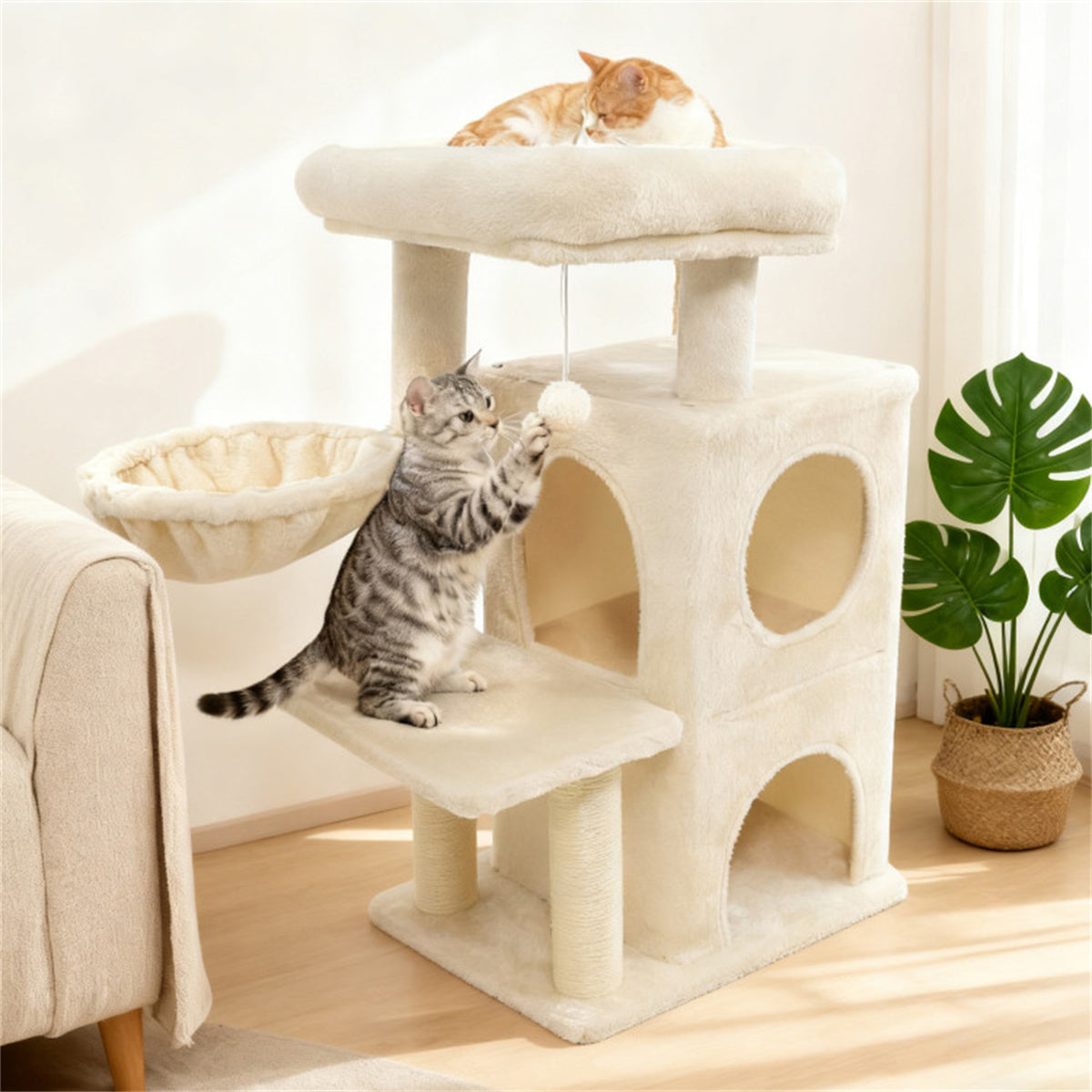 Beige 33.5" Multi-Level Cat Tree with 2-Tier Condo, Sisal Scratching Posts & Anti-Toppling Device for Cats