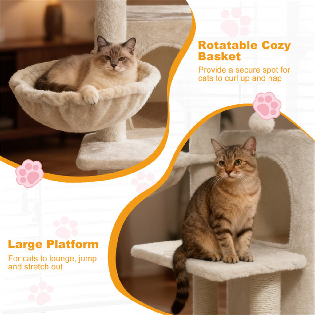 Beige 33.5" Multi-Level Cat Tree with 2-Tier Condo, Sisal Scratching Posts & Anti-Toppling Device for Cats