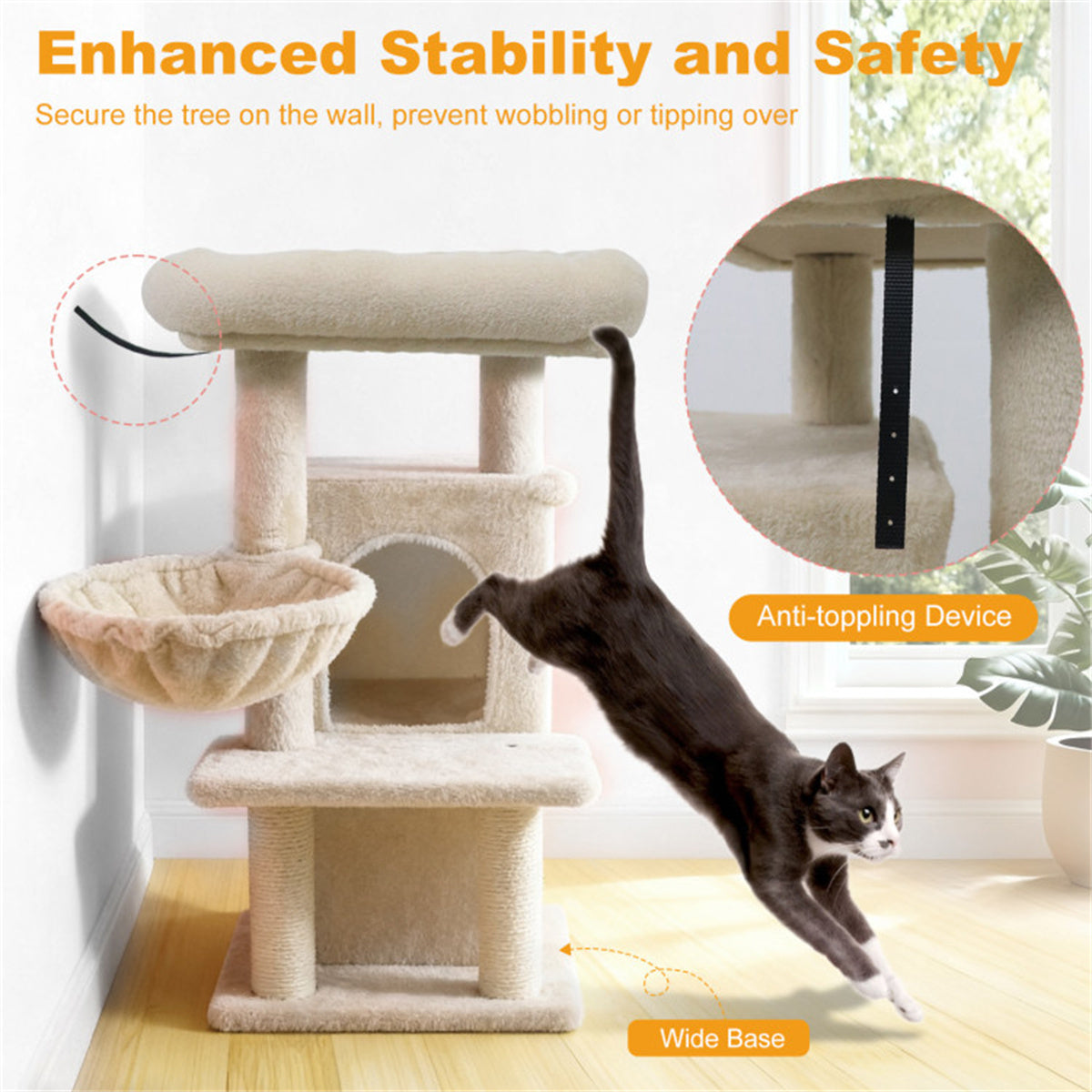 Beige 33.5" Multi-Level Cat Tree with 2-Tier Condo, Sisal Scratching Posts & Anti-Toppling Device for Cats