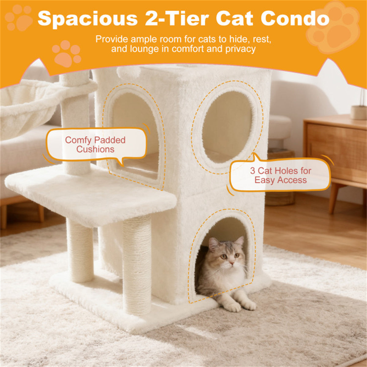 Beige 33.5" Multi-Level Cat Tree with 2-Tier Condo, Sisal Scratching Posts & Anti-Toppling Device for Cats