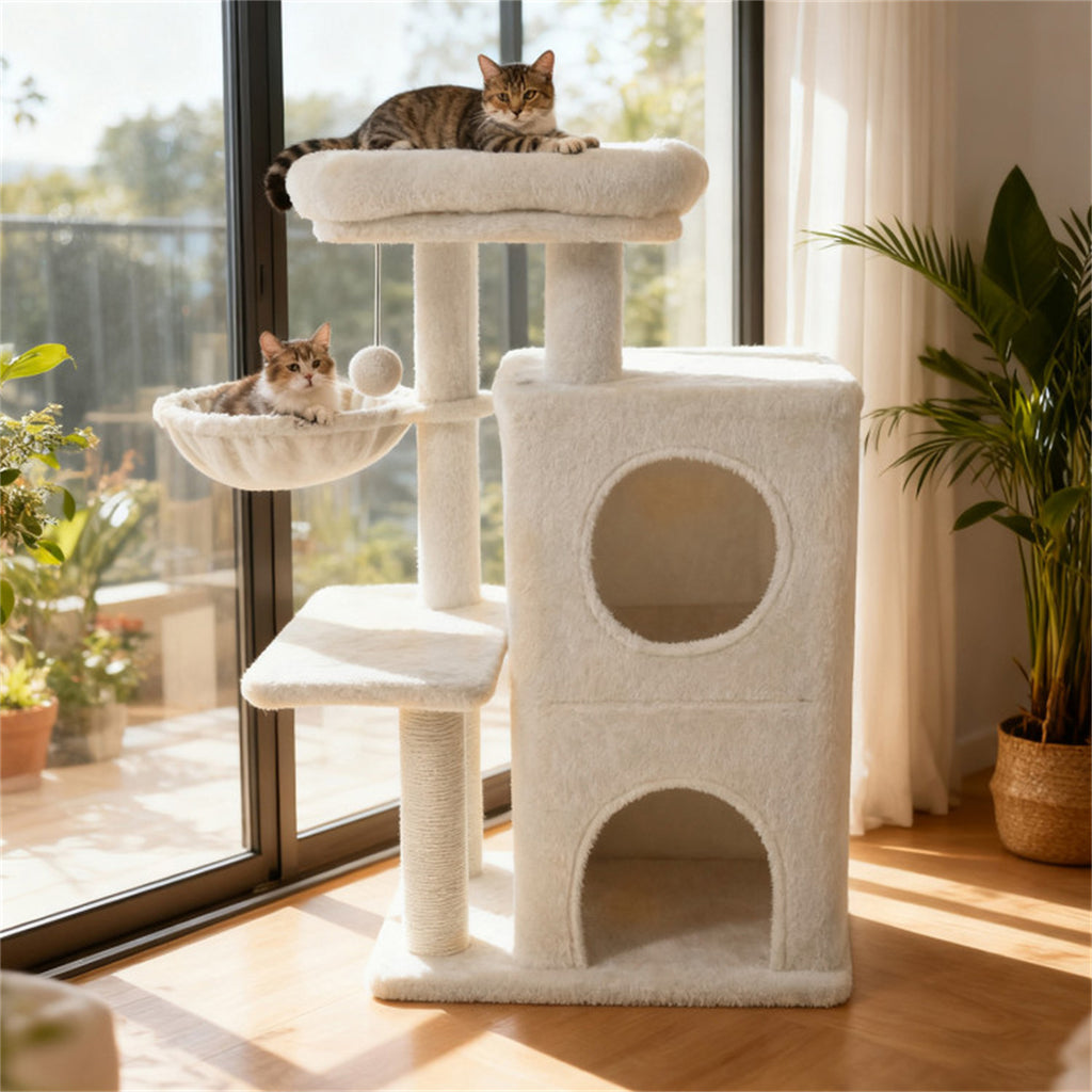 Beige 33.5" Multi-Level Cat Tree with 2-Tier Condo, Sisal Scratching Posts & Anti-Toppling Device for Cats