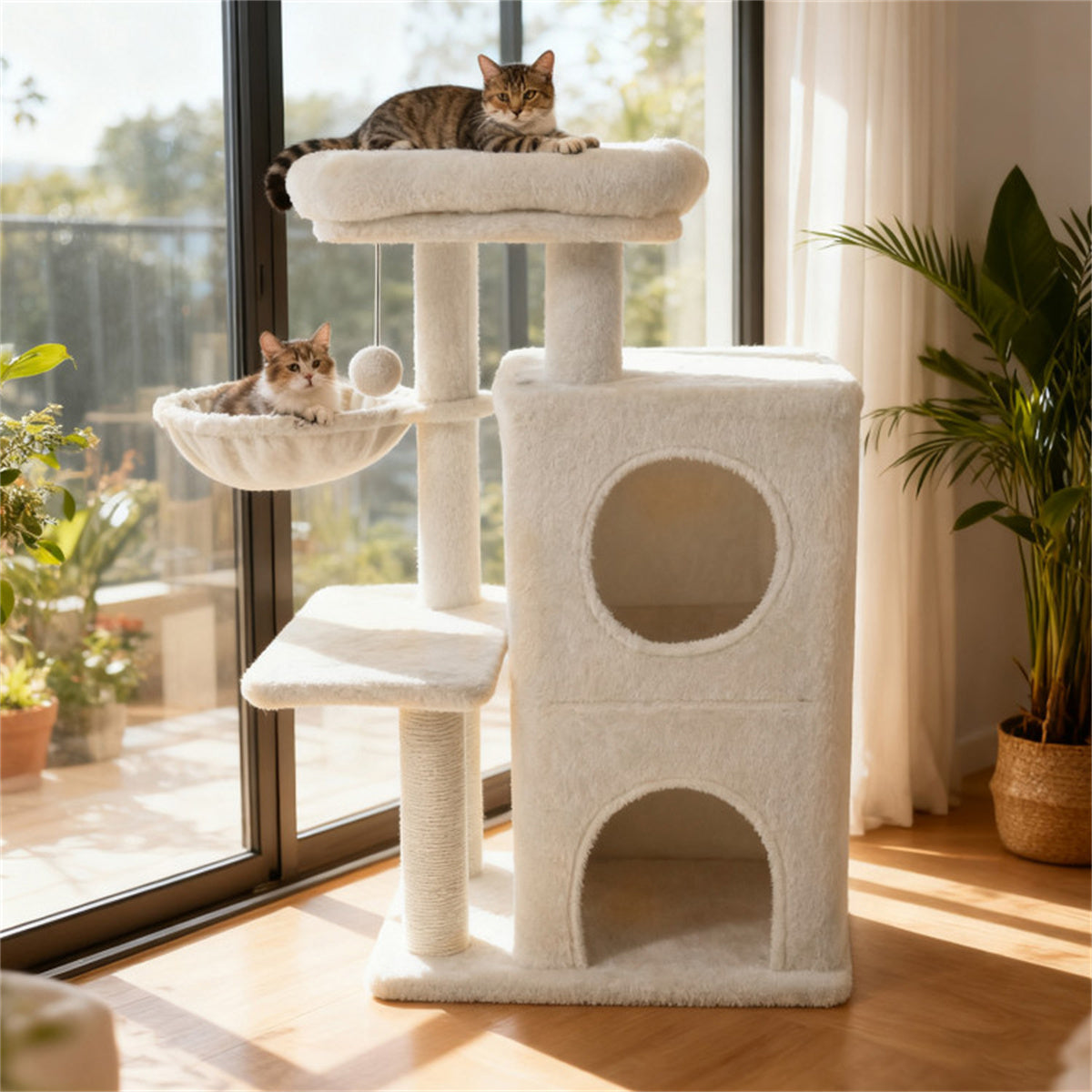 Beige 33.5" Multi-Level Cat Tree with 2-Tier Condo, Sisal Scratching Posts & Anti-Toppling Device for Cats