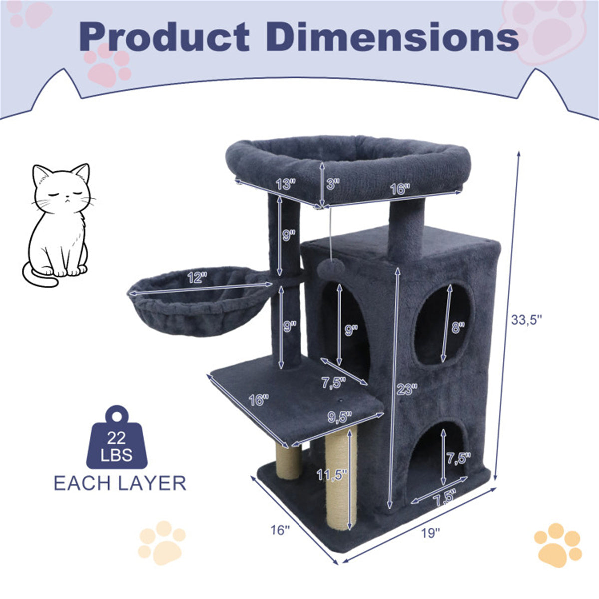Dark Gray 33.5" Multi-Level Cat Tree with 2-Tier Condo, Sisal Scratching Posts & Anti-Toppling Device for Cats
