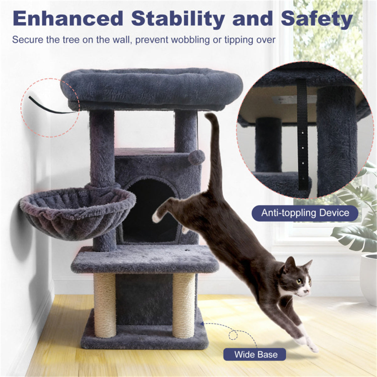 Dark Gray 33.5" Multi-Level Cat Tree with 2-Tier Condo, Sisal Scratching Posts & Anti-Toppling Device for Cats
