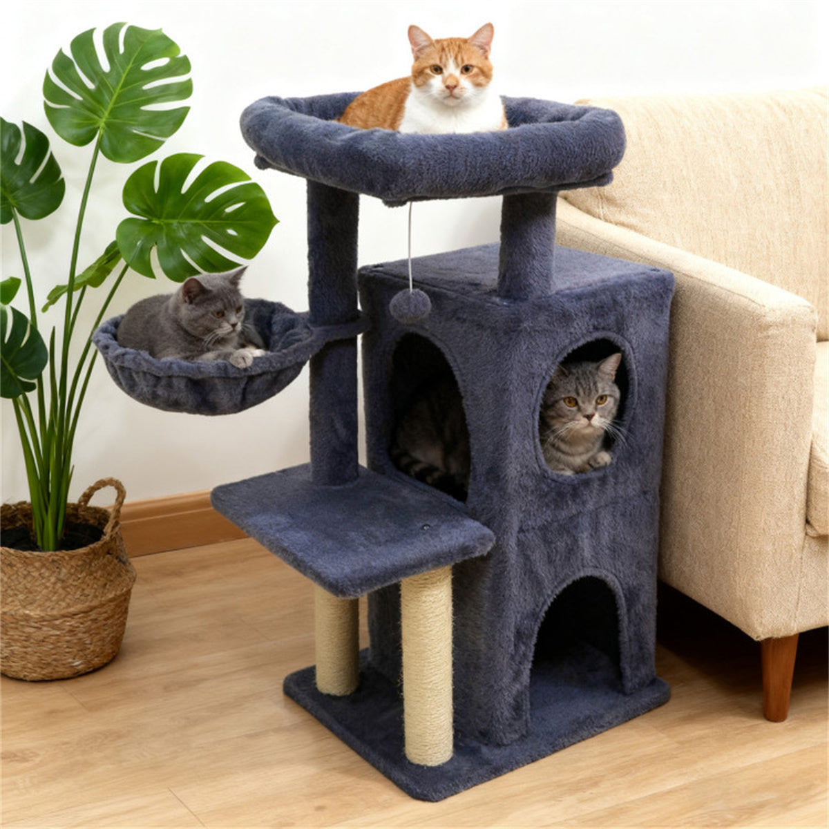 Dark Gray 33.5" Multi-Level Cat Tree with 2-Tier Condo, Sisal Scratching Posts & Anti-Toppling Device for Cats