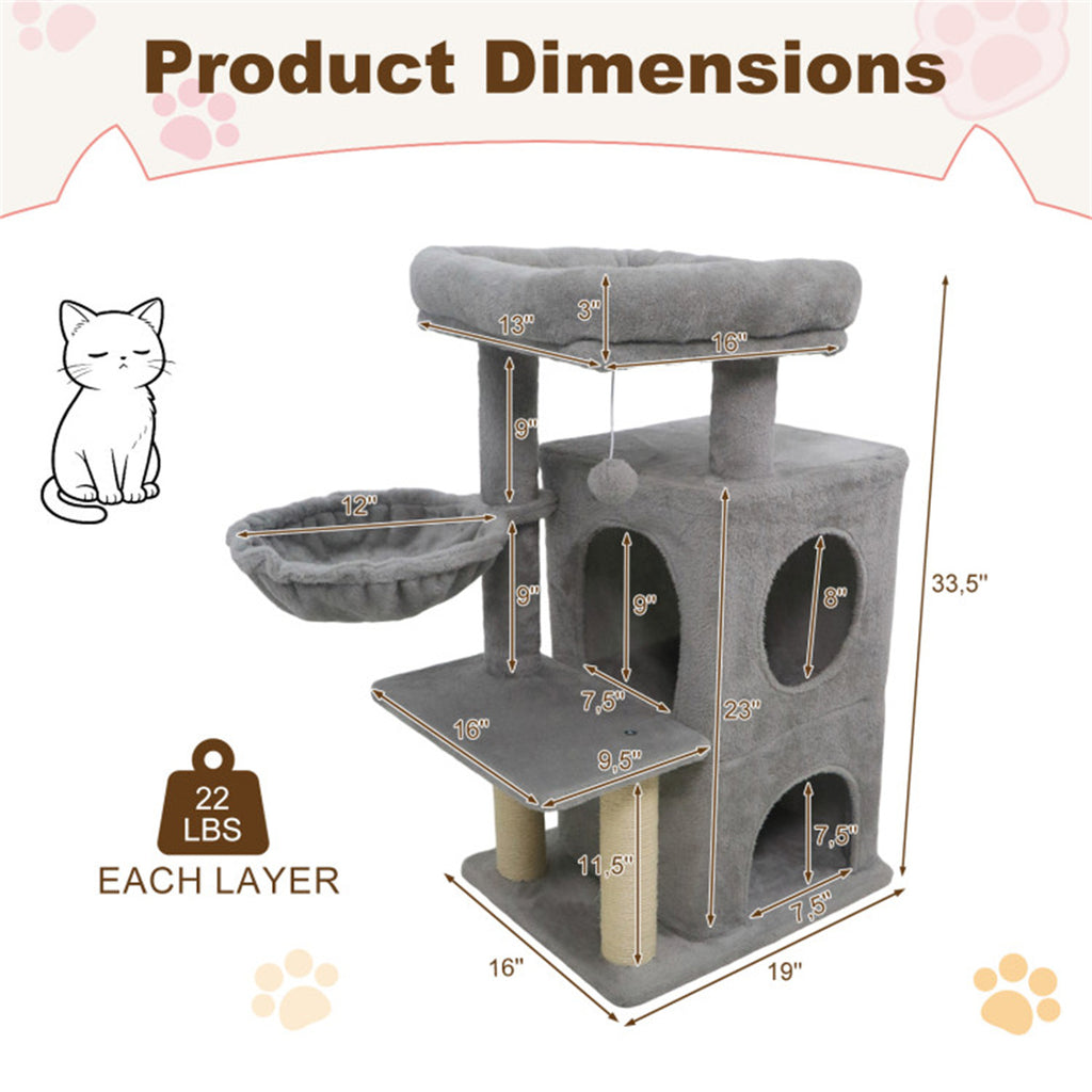 Light Gray 33.5" Multi-Level Cat Tree with 2-Tier Condo, Sisal Scratching Posts & Anti-Toppling Device for Cats