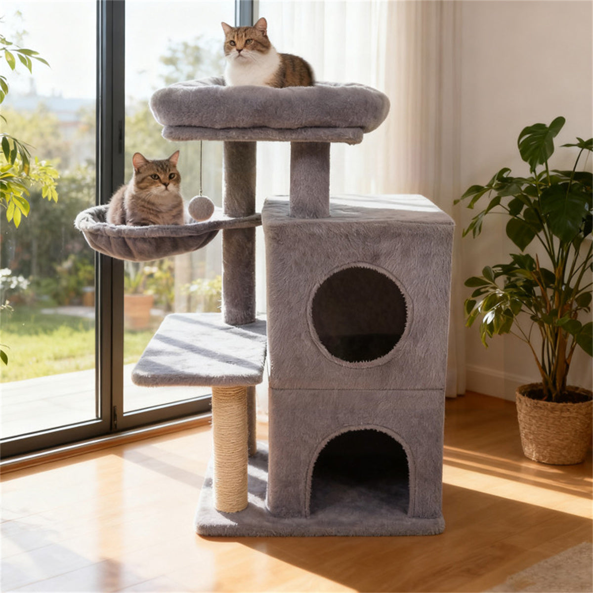 Light Gray 33.5" Multi-Level Cat Tree with 2-Tier Condo, Sisal Scratching Posts & Anti-Toppling Device for Cats