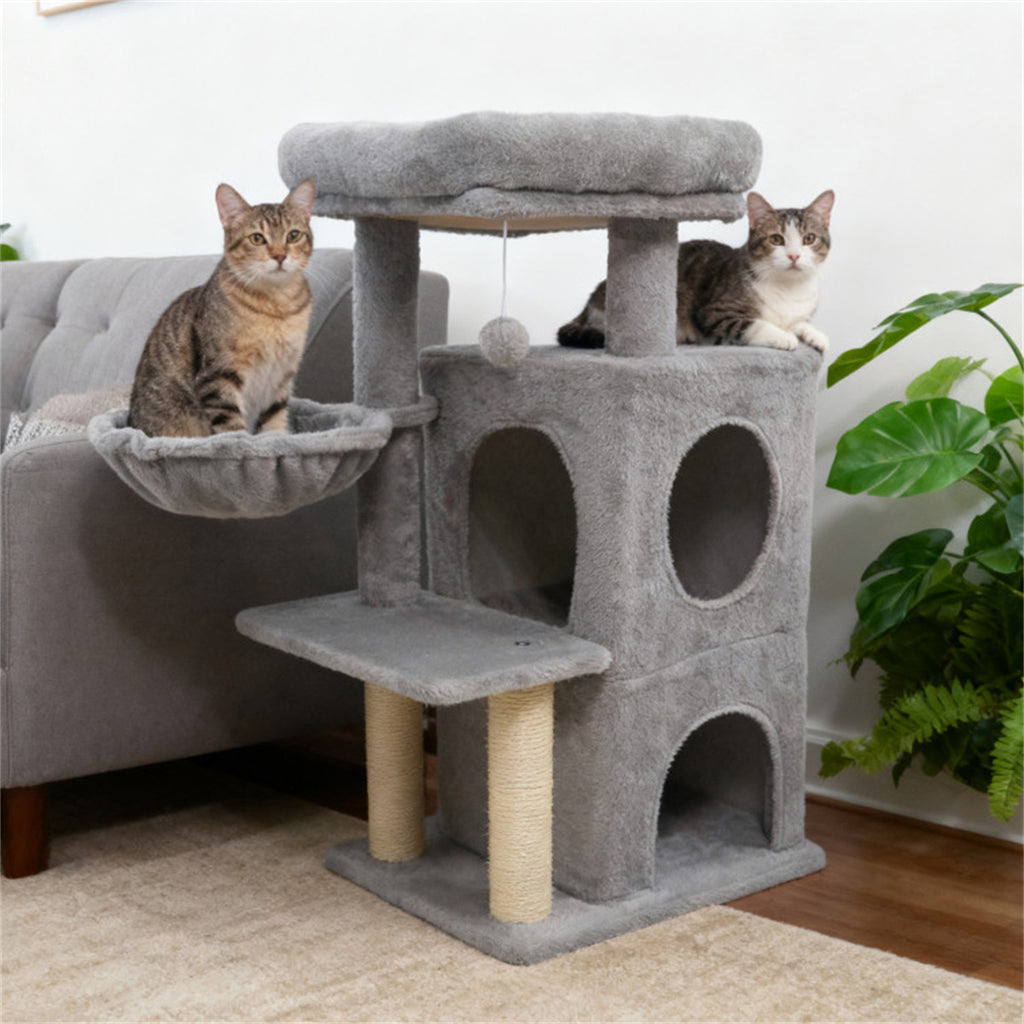 Light Gray 33.5" Multi-Level Cat Tree with 2-Tier Condo, Sisal Scratching Posts & Anti-Toppling Device for Cats