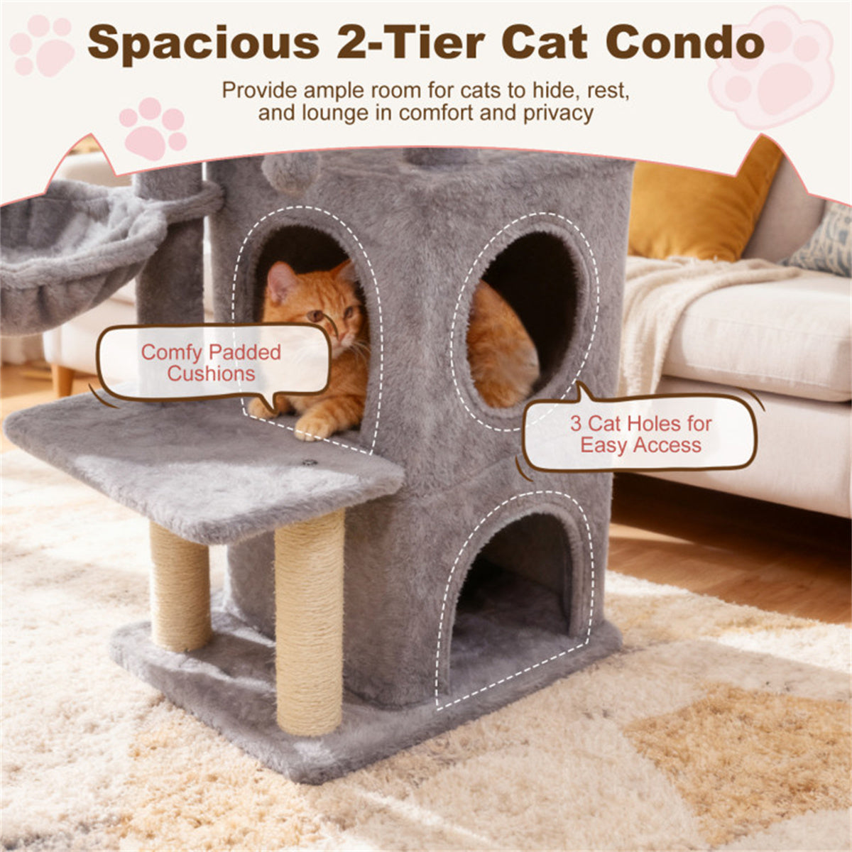 Light Gray 33.5" Multi-Level Cat Tree with 2-Tier Condo, Sisal Scratching Posts & Anti-Toppling Device for Cats